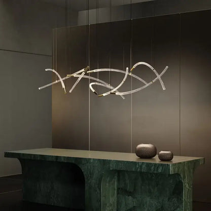 Modern abstract decorbites crystal chandelier pendant light with clear curved glass rods and gold metal joints suspended