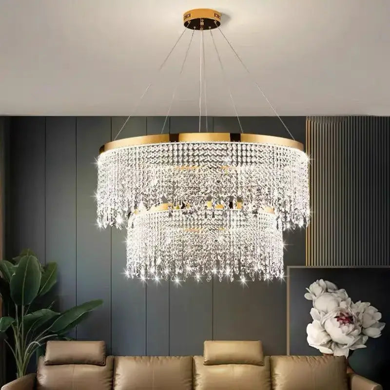 DecorBites crystal chandelier pendant light with multi-tiered clear crystals and gold-toned metal accents for living room decor