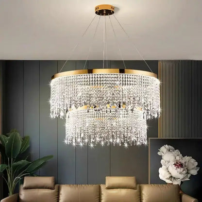 DecorBites crystal chandelier pendant light with multi-tiered clear crystals and gold-toned metal accents for living room decor