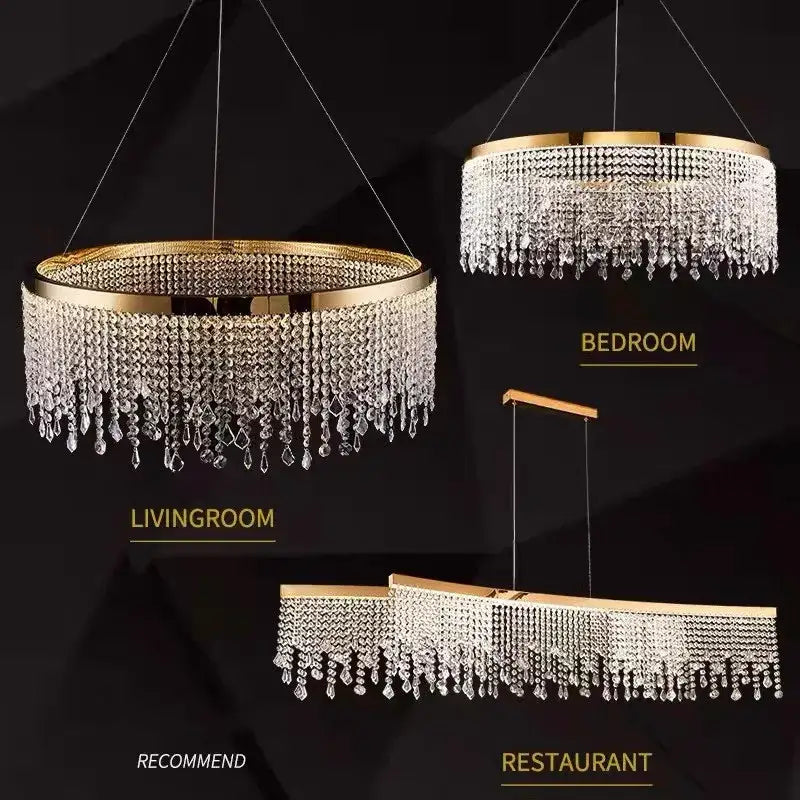 Gold-framed decorbites crystal chandelier pendant light with cascading clear crystal droplets for living and dining rooms