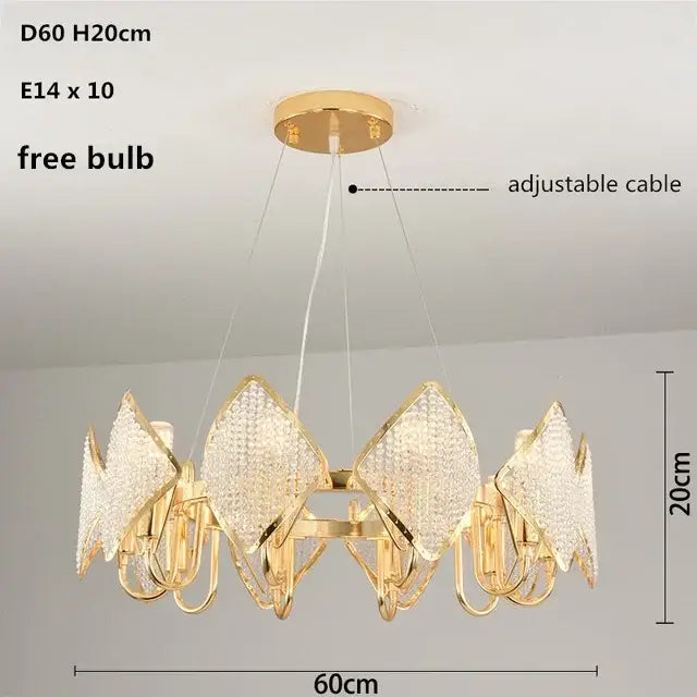 Gold-toned decorbites crystal chandelier pendant light with diamond-shaped crystal panels for modern living room decor