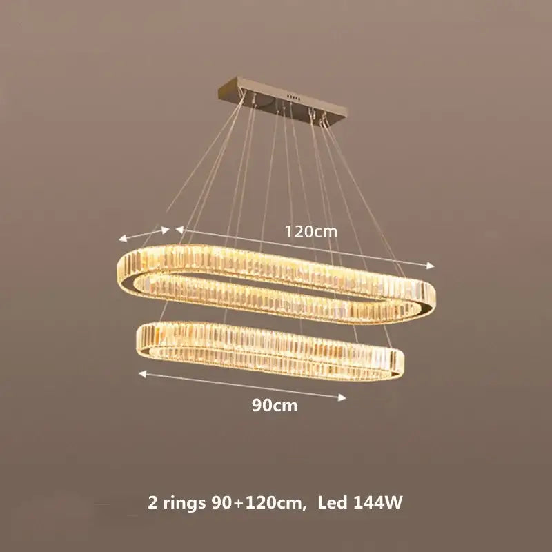 Modern double-ring decorbites crystal chandelier pendant with crystal-encrusted oval rings and metallic ceiling mount