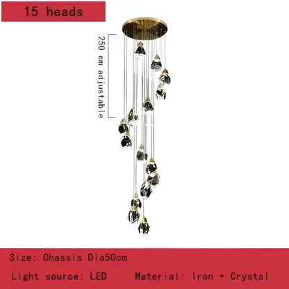 Gold-toned DecorBites crystal chandelier pendant lights with 15 hanging crystal pendants on an iron frame for elegant decor