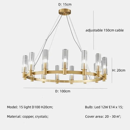 A modern DecorBites crystal chandelier pendant with brass finish, copper arms, and 15 clear glass shades for living room pendant lights