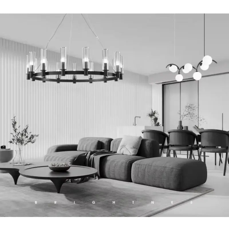 Black circular decorbites crystal chandelier pendant with clear glass candle-style bulbs for luxury living room lighting