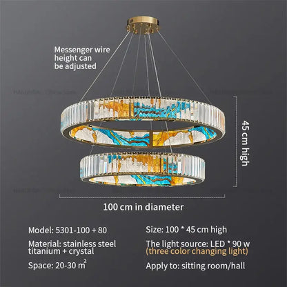 DecorBites crystal chandelier double-ring light with gold stainless steel frame and blue amber marbled crystal panels