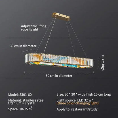 A decorbites crystal chandelier ring light with gold stainless steel frame and clear crystal prisms encasing colorful artwork