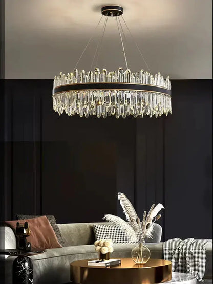 Decorbites crystal chandelier round light fixture with clear crystal droplets and black metal frame for luxury décor