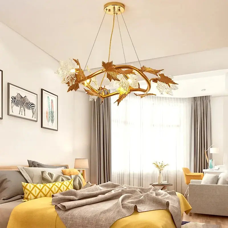 Golden leaf-shaped DecorBites crystal chandelier with clear crystal accents for rustic pendant lighting decor
