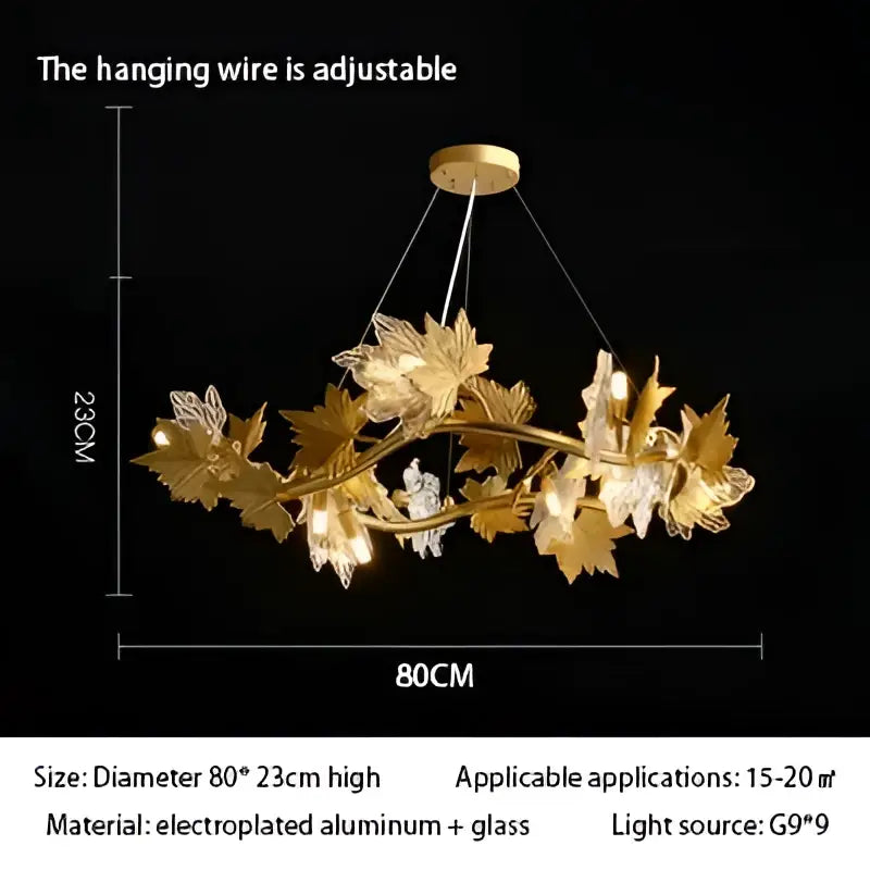 Golden leaf-shaped decorbites crystal chandelier with electroplated aluminum glass and adjustable hanging wire