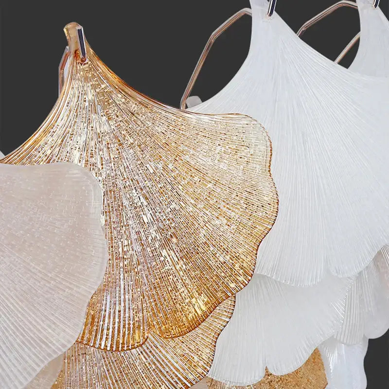 DecorBites™ crystal chandelier shell lamp with golden and white glass and intricate leaf designs for luxury interiors