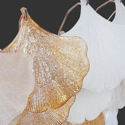 DecorBites™ crystal chandelier shell lamp with golden and white glass and intricate leaf designs for luxury interiors