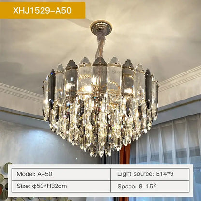 Decorbites crystal chandelier with gold-toned frame and cascading clear and dark prisms for luxury living room lighting