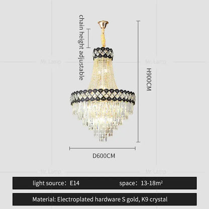 Elegant gold-toned decorbites crystal chandelier with cascading k9 crystal tiers and black diamond-patterned accents for spiral staircase