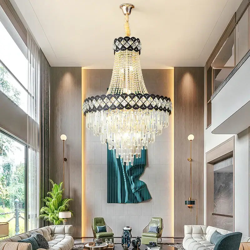 Luxurious decorbites crystal chandelier spiral with black gold frame and cascading clear crystals for staircase hall