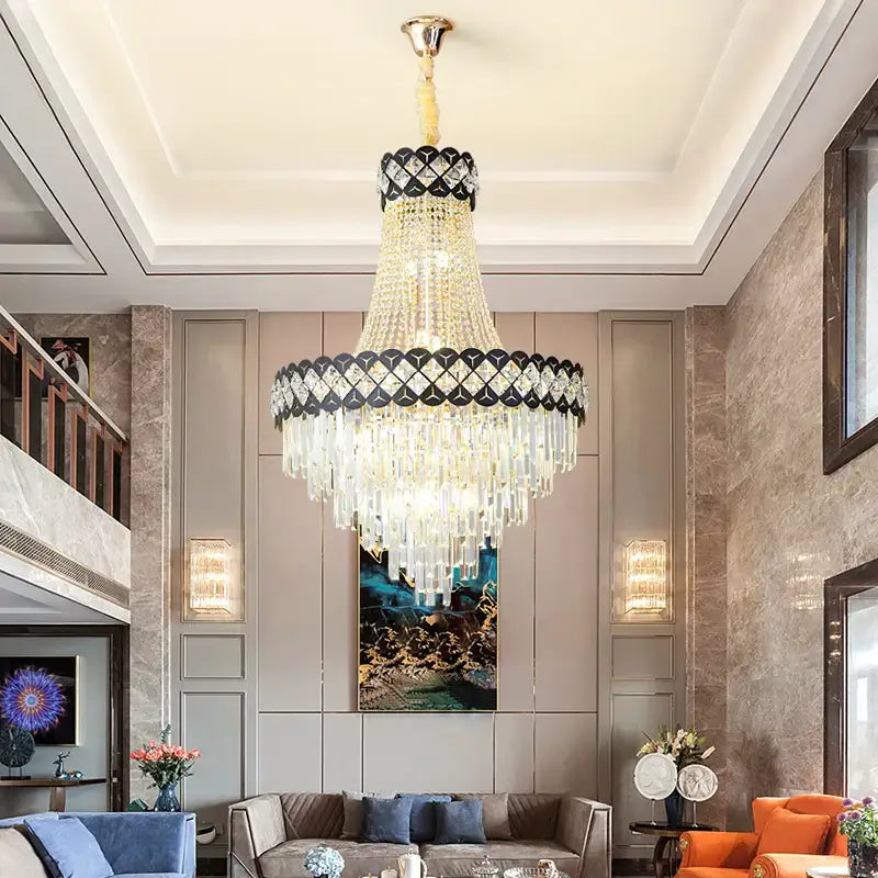 Elegant decorbites crystal chandelier with black gold geometric top and cascading clear crystals for staircase hall lighting