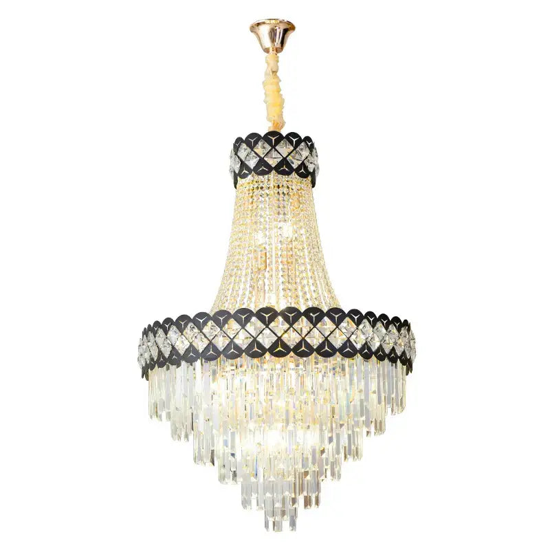 Elegant decorbites crystal chandelier with black metal accents and cascading clear glass prisms for spiral staircase lighting