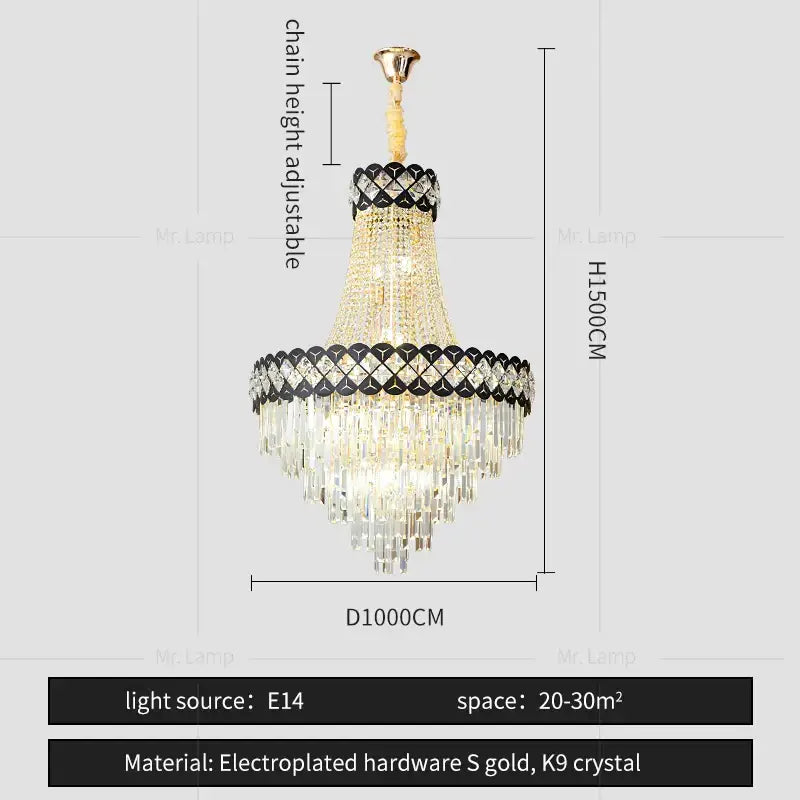 Elegant decorbites crystal chandelier with gold electroplated frame, clear k9 prisms, and black diamond accents for living rooms