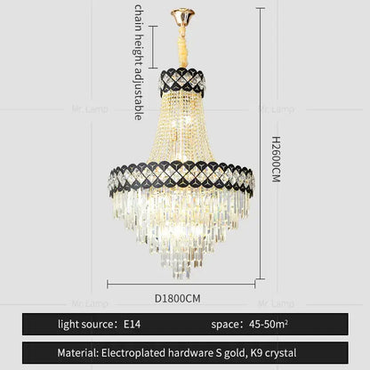 A decorbites crystal chandelier with gold-toned adjustable chain and cascading clear k9 crystal tiers for living room use