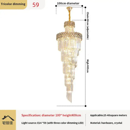 A gold-toned decorbites crystal chandelier with cascading crystal tiers and tricolor dimming led lights for luxury lighting