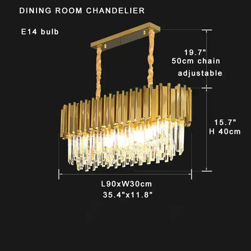 Gold-finished decorbites crystal chandelier with vertical brass bars and dangling k9 crystal droplets in stainless steel