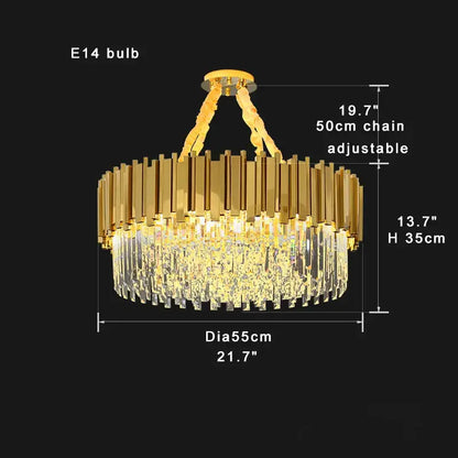 Gold-toned decorbites crystal chandelier with circular polished metal rods and cascading k9 crystal prisms