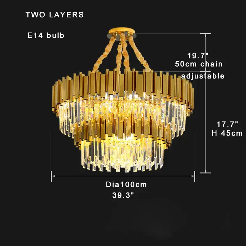Gold-toned two-layer decorbites crystal chandelier with crystal droplets and adjustable 50cm chain stainless steel k9 cristal