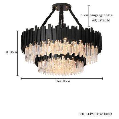 Decorbites crystal chandelier featuring black and clear crystals with adjustable stainless steel hanging chain