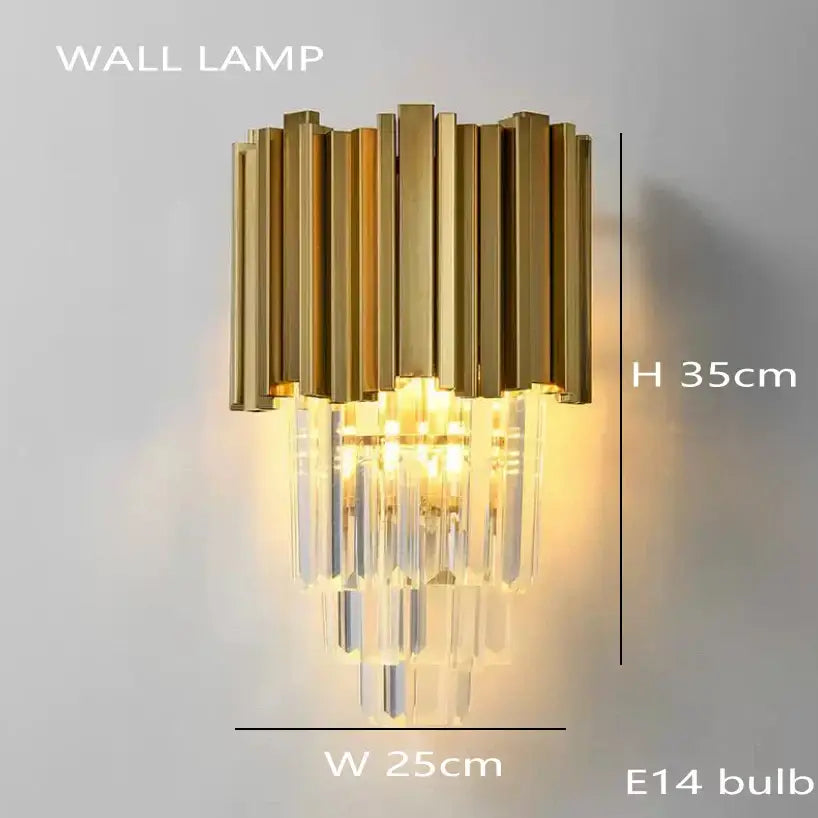 Gold-toned decorbites crystal chandelier with vertical brass bars and cascading stainless steel k9 crystal prisms luxury lamp