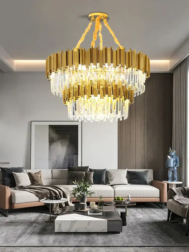 Decorbites crystal chandelier with cascading clear glass prisms and polished gold stainless steel frame classic luxury design