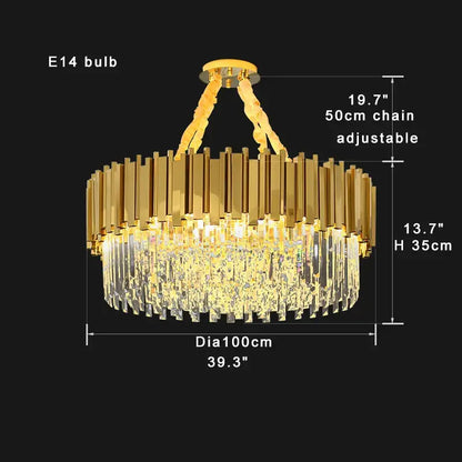 Gold-toned decorbites crystal chandelier with vertical crystal prisms and polished stainless steel frame for luxury decor