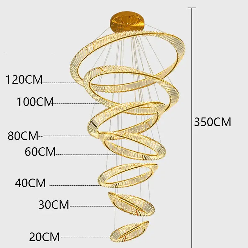 Golden spiral decorbites crystal chandelier with multiple glowing rings and crystal accents for stair and living room lighting