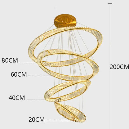 Golden spiral decorbites crystal chandelier with multiple glowing rings and crystal accents for stair and living room lighting