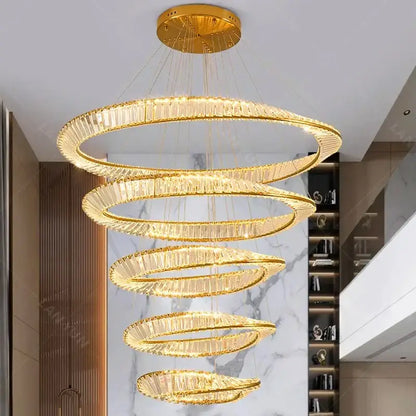 Golden spiral decorbites crystal chandelier with faceted crystal rings pendant light for stair and living room lighting