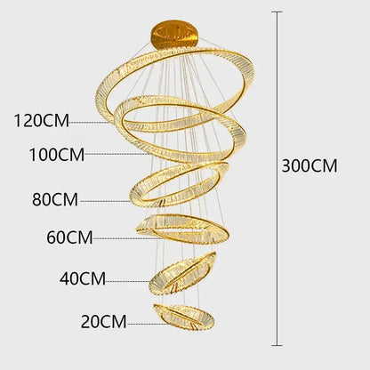 Decorbites crystal chandelier golden spiral pendant light with multiple rings and crystal accents for stair and living room