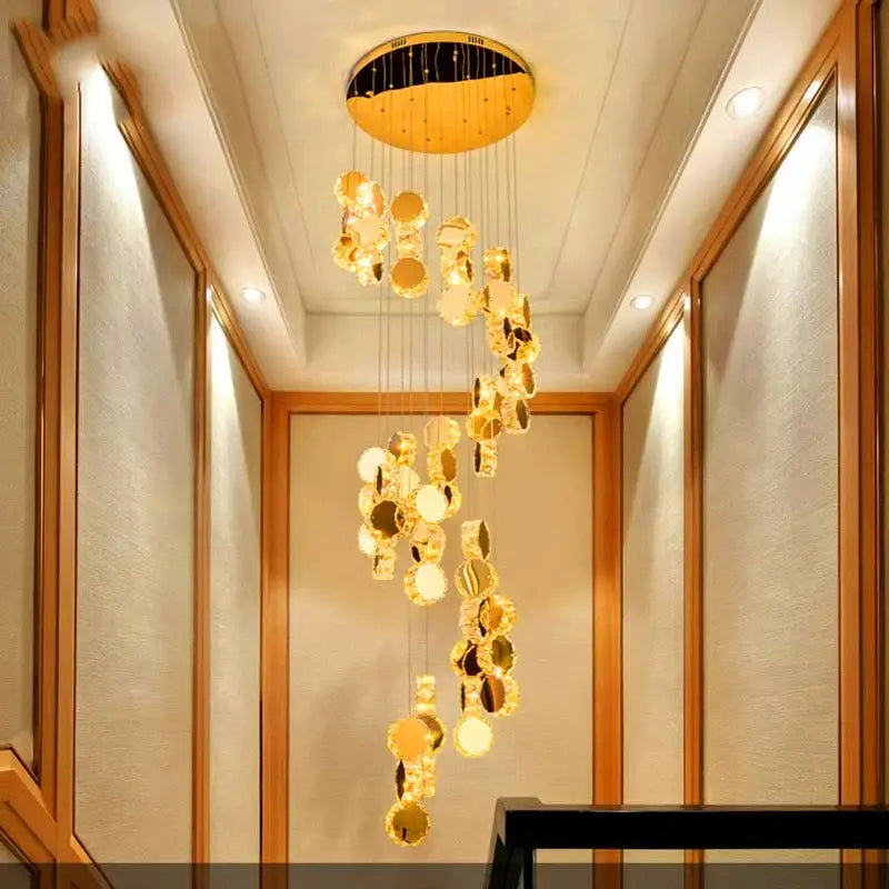 Golden circular decorbites crystal chandelier with cascading mirrored discs chandelier stair pendant for living room lighting