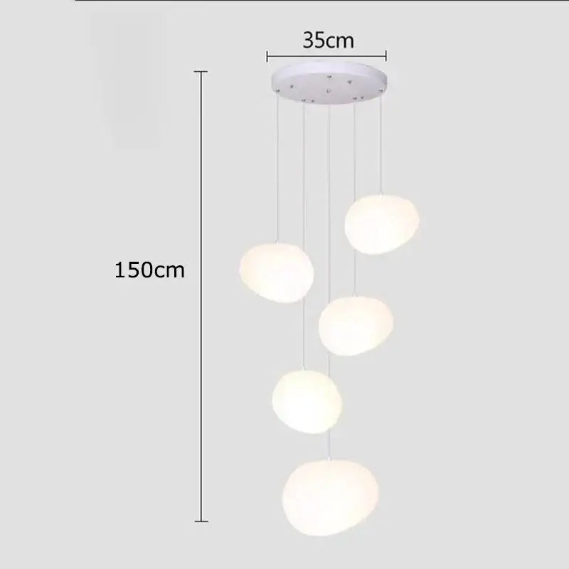White modern DecorBites crystal chandelier pendant lamp with five frosted glass globes for stair and living room lighting