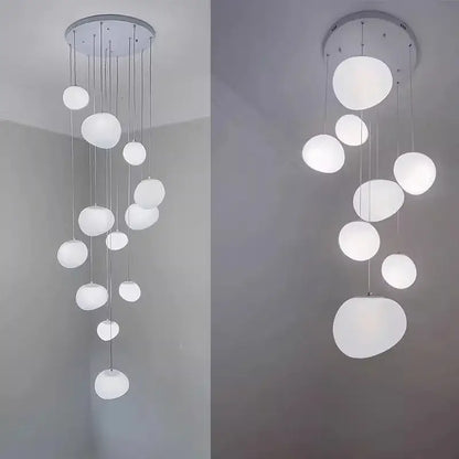Modern white spherical pendant lamp with metallic rods featured in decorbites crystal chandelier stair lighting