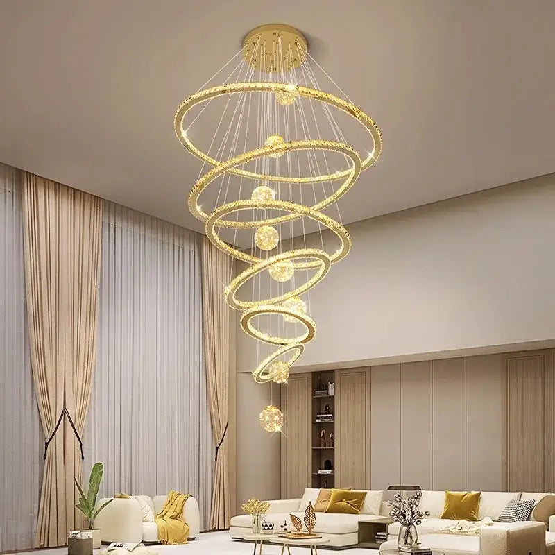 Golden spiral decorbites crystal chandelier stair pendant lamp with crystal accents and warm led lighting for living room
