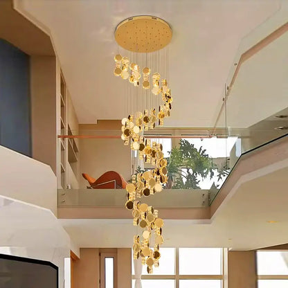 Golden spiral decorbites crystal chandelier with cascading circular discs for staircase and living room lighting