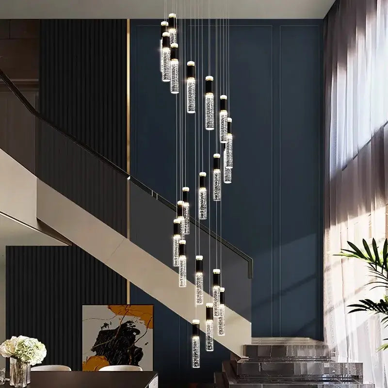 Modern decorbites crystal chandelier with sleek black and clear glass elements cascading for living room lighting