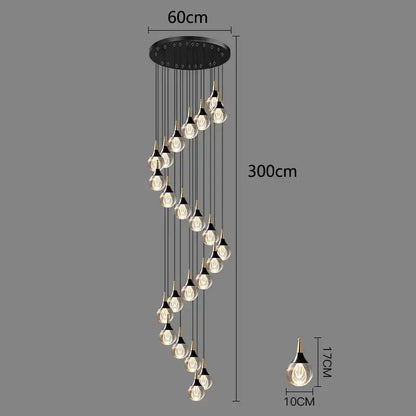 Decorbites™ crystal chandelier stair pendant lamp with 24 gold-topped teardrop glass lights in black circular fixture