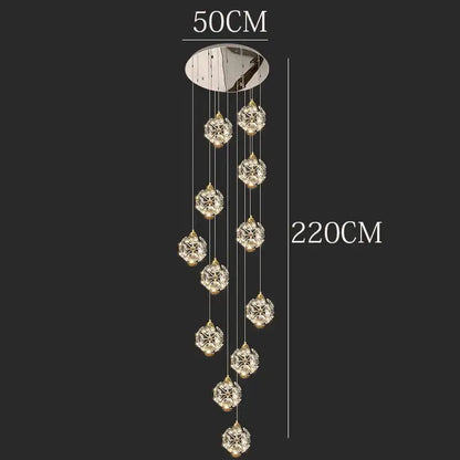 A modern DecorBites crystal chandelier stair pendant lamp with nine faceted glass orbs and polished chrome mount