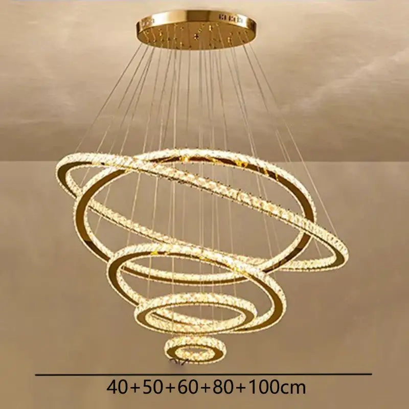 Gold-toned decorbites crystal chandelier with interlocking crystal rings for living room stair pendant lighting