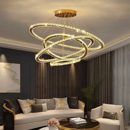 Golden decorbites crystal chandelier stair pendant lamp with interlocking rings and embedded lights for living room lighting