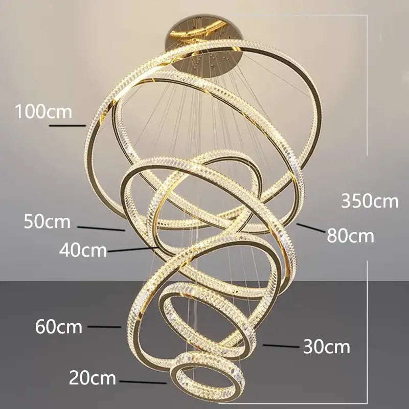 Golden spiral decorbites crystal chandelier with interlocking rings and clear crystals for living room lighting