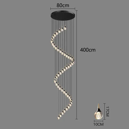 Black circular ceiling mount crystal chandelier stair pendant lamp with spiral clear crystal bulbs for living room lighting