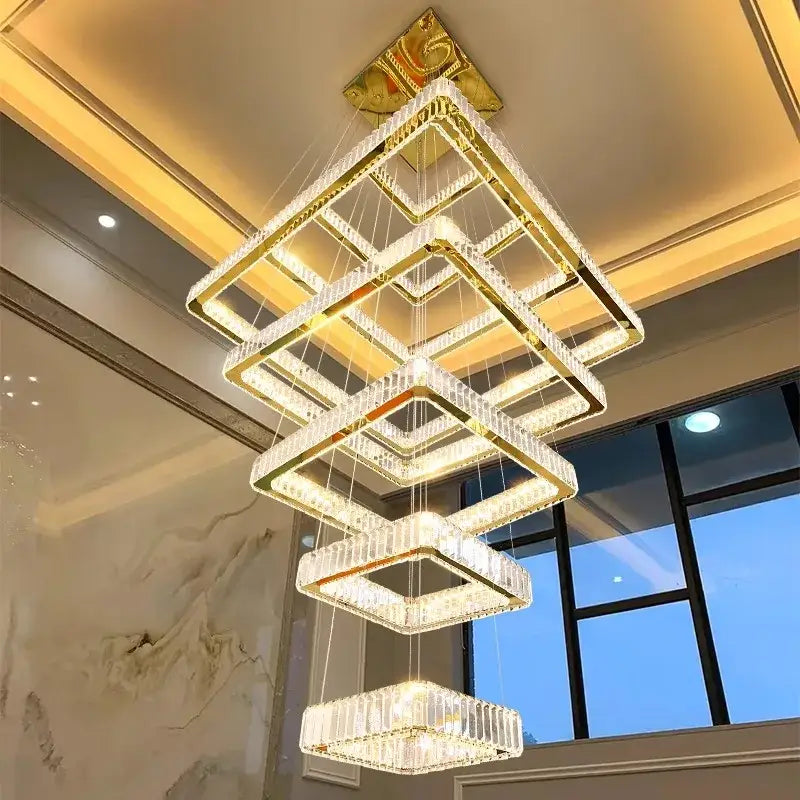 Modern multi-tiered gold-toned decorbites crystal chandelier stair pendant lamp with cascading square tiers for living room lighting