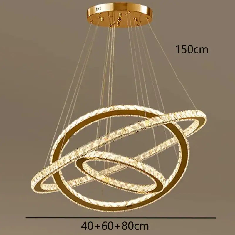 Golden ring decorbites crystal chandelier pendant light with crystal-encrusted rings and circular ceiling mount for stairs