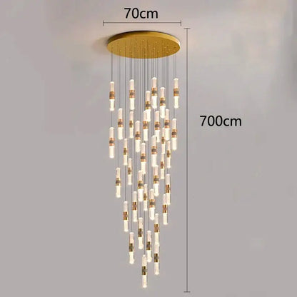 Gold-toned decorbites crystal chandelier stair pendant lamp with cascading cylindrical glass and metal lights, 70cm diameter 700cm tall